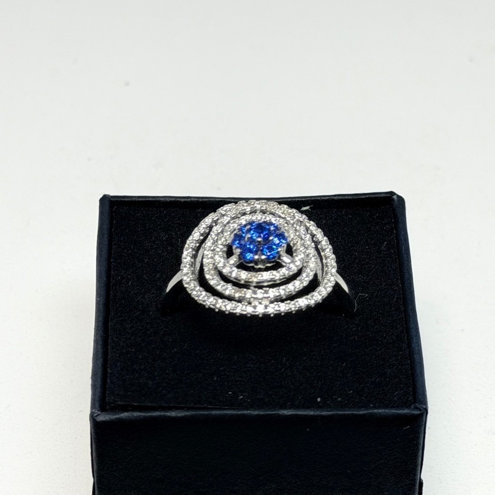 Sterling Silver 925 Blue CZ Concentric Circle Halo Ring Size 10 - Picture 1 of 13